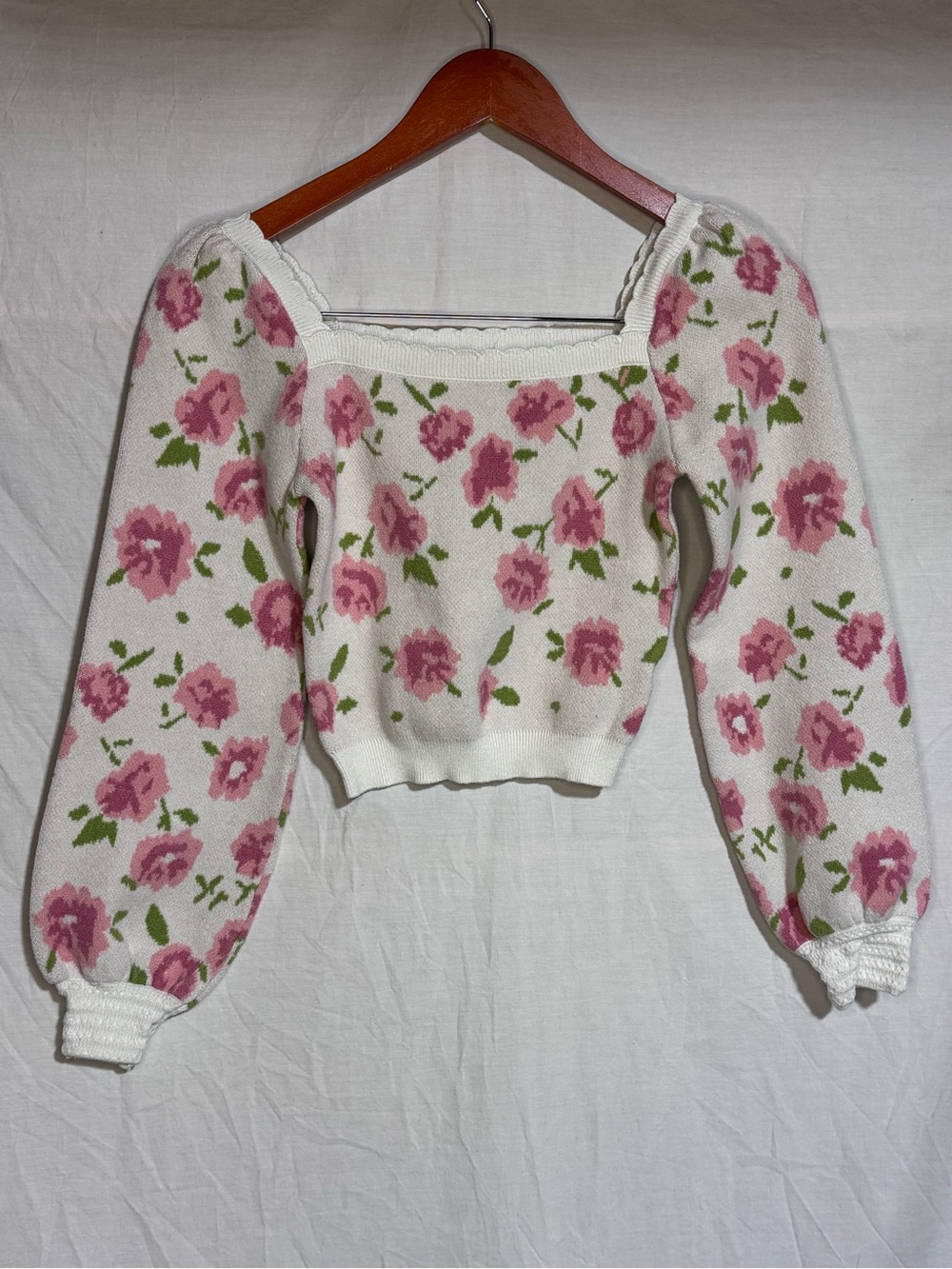 Square-Neck Rose Print Knit Sweater - White/Pink